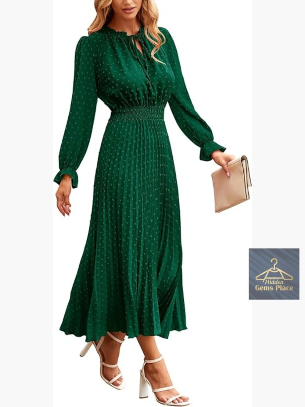 Midi Dress Long Sleeve V Neck Pleated A Line Flowy Casual